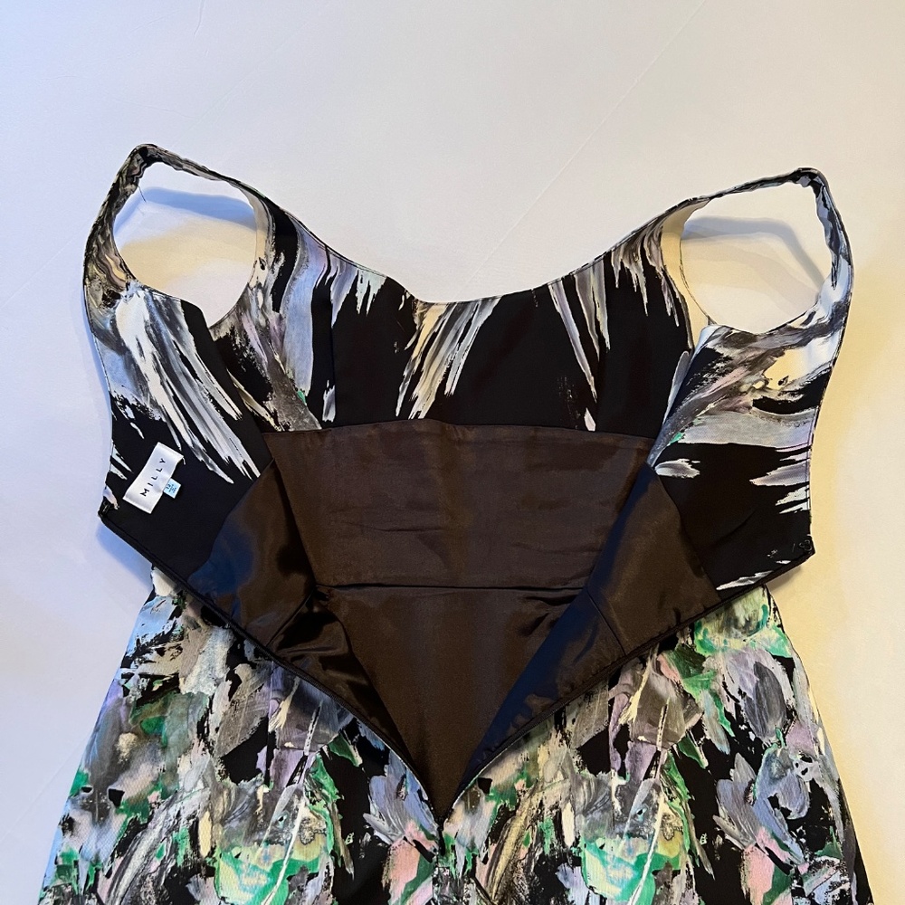 Milly Black Floral-Print Midi Dress with Green and White Brushstroke Accents - Picture 8 of 14